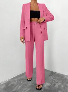 EURMUSE Conjunto de chaqueta y pantalones de unicolor para mujer - Rosa - Ver 5