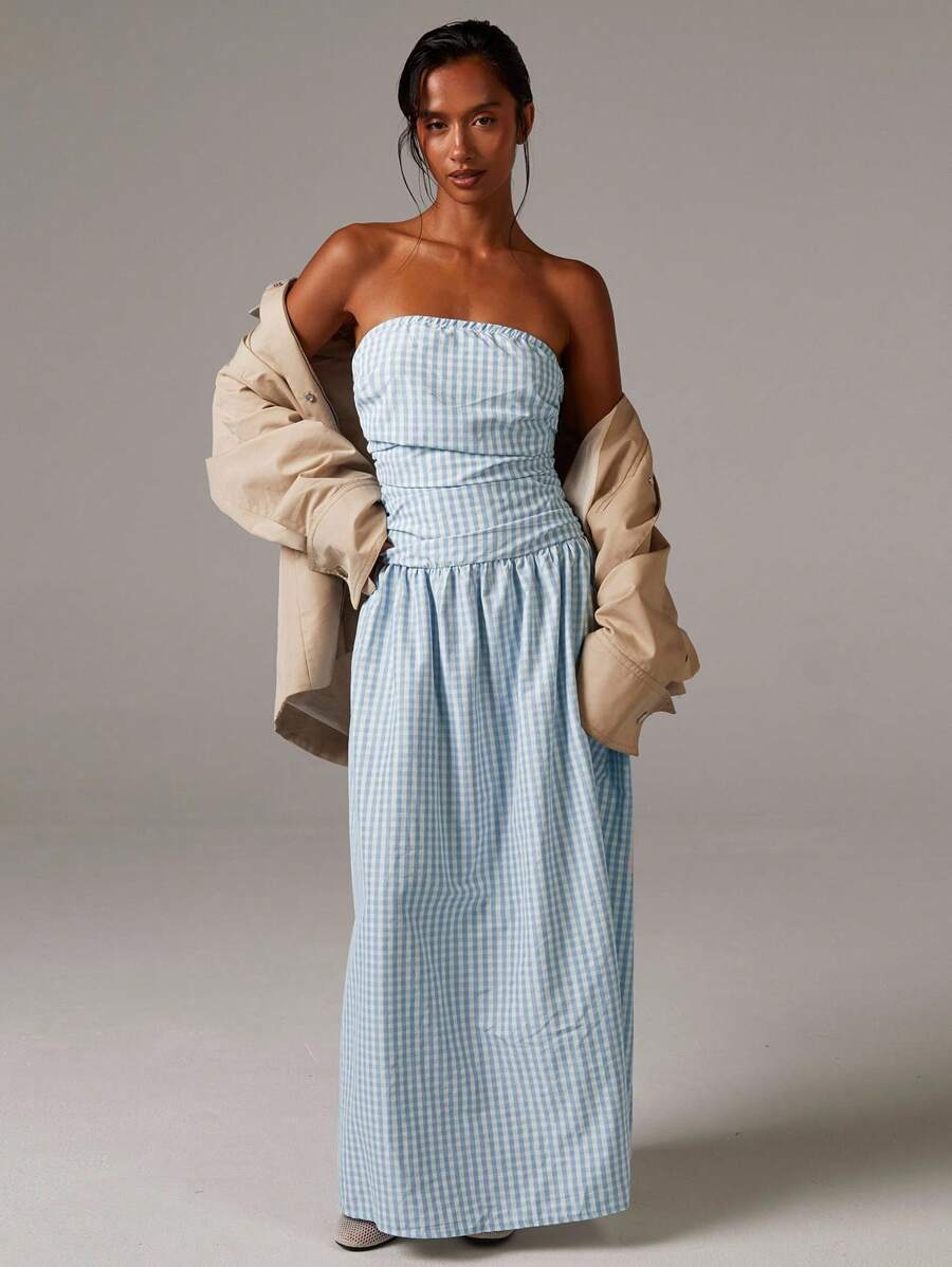 Athîral 女式度假风格图案印花褶皱紧身加长抹胸连衣裙，夏季 - 藍色 - 查看 1