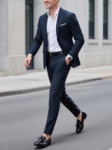 Manfinity Mode Conjunto de chaqueta y pantalón casuales de manga larga con solapa con textura jaspeada para hombre de talla grande - Azul Marino - Ver 4