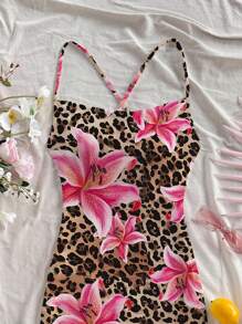 Tween Girl Casual Daily Vacation Leopard Print & Pink Lily Flower Floral Print Fitted Dress - Pink - View 4