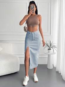 EURMUSE Raw Trim Split Thigh Denim Skirt - Light Wash - View 4