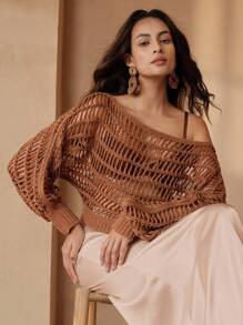 Anewsta Áo len đan móc dài tay hở vai kiểu Milleraie màu mới dành cho nữ - Cà phê nâu - Xem 3