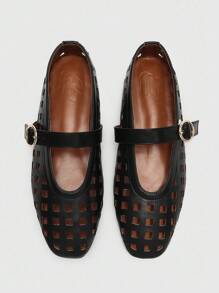 CUCCOO BIZCHIC 复古玛丽珍鞋，女士平底空心鞋，柔软舒适时尚，适合所有季节，秋冬 - 黑色 - 查看 2