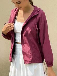Jouncy Women Casual Simple Solid Color Zip Up Hooded Long Sleeve Jacket