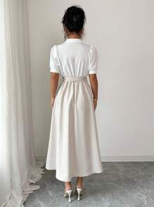 Elenzga 优雅浪漫度假通勤商务拼色衬衫领中长款女装 - 杏色 - 查看 2