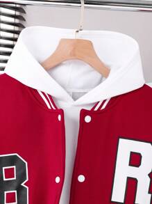 SHEIN Teen Boy Casual Vacation Slogan Print Contrast Color Long Sleeve Baseball Jacket Fall Winter