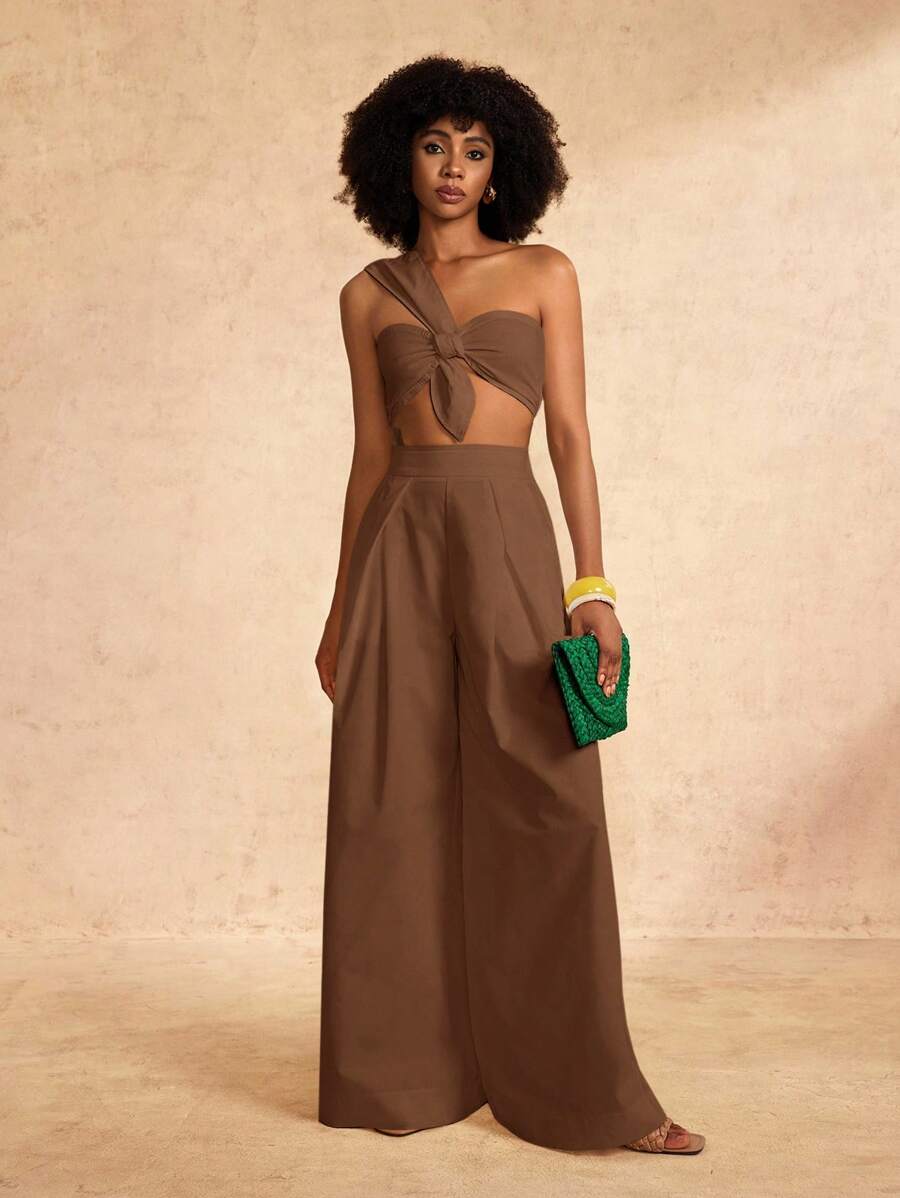 Zivah New Spring And Summer Casual And Elegant Vacation One-Shoulder Chest Knotted Strap Design Back Cropped Top + Wide-Leg Super Trousers White Woven Women's Two Pieces Set-A - Brown - View 1