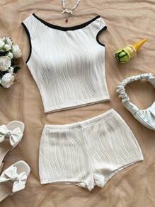 Soleia 女士度假春夏两件套服装：红白条纹针织短款上衣和超低腰紧身短裤，适合派对、圣诞节、情人节、约会、海滩、游轮、狂欢节、复活节 - 白色 - 查看 3