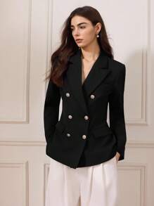 Briarwyn 女士优雅通勤纯色双排扣西装外套，秋季女士，冬季女士，老款风格，返校，复古女士，女士教师，冬季夹克 - 黑色 - 查看 4
