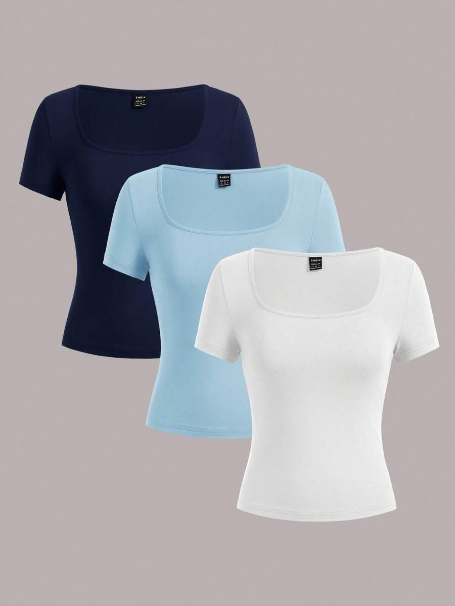 SHEIN EZwear 3件装女士藏青色、浅蓝色和白色短袖露脐修身休闲T恤，适合夏季外出穿着 - 彩色 - 查看 1