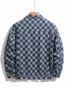 Manfinity Homme 男士长袖格子单排扣休闲牛仔夹克，秋季款 - 中等水洗藍 - 查看 2
