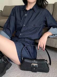 DAZY 2pcs Women Oversized Casual Street Vintage Washed Denim Top And Pleated Skirt Suit, Suitable For Back To School Season Fall/Winter - Dark Wash - View 3