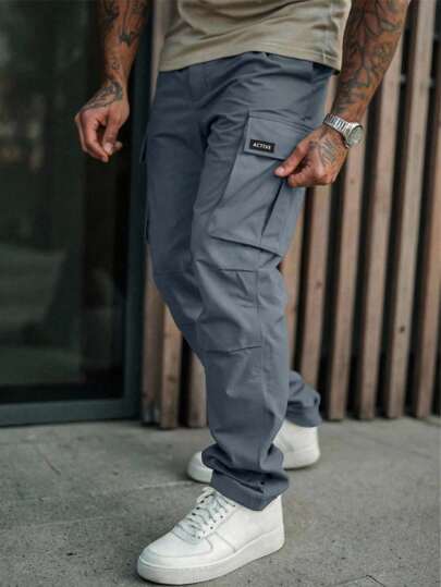 Manfinity Roughcore Men Multi-Pocket Casual Fashion Straight-Leg Utilitarian American Style Cargo Pants, Grey Cargo Pants With Back Pocket Men Tactical Work Pants Streetwear , Fall