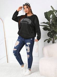 Firerie Plus Size Washed Ripped Jeans, Fall Women Clothes