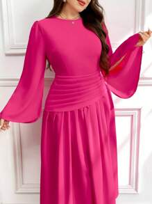 Ellevyn Plus Size Women Elegant,Formal,Wedding Ninang Dress, Pleated Flare Sleeve Maxi,Blush Pink,Autumn,Mother Of The Bride,Vintage Classy Outfits - Hot Pink - View 8