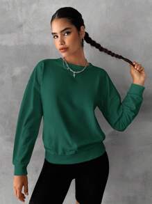 EURMUSE Cotton Solid Drop Shoulder Sweatshirt - Green - View 3