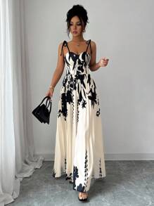 Elenzga Elegant Printed Sleeveless Ruched Waist Romper For Women