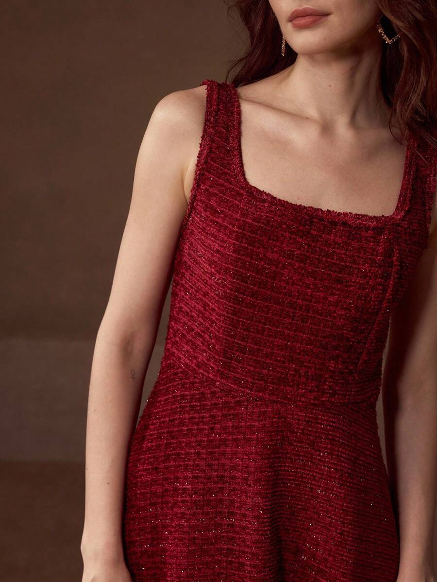 MOTF PREMIUM TWEED ZIPPER DRESS - Burgundy - View 2