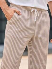 Manfinity VCAY 男士休闲梭织条纹松紧腰七分裤男条纹亚麻裤男条纹裤男夏季裤子男亚麻长裤细条纹裤男亚麻裤男夏季裤子男长裤 - 杏色 - 查看 7