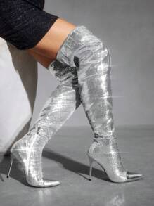 CUCCOO SZL Giày bốt cao đến đầu gối bóng chắp vá sequin cho nữ, thời trang, cổ điển, đa năng cho đi làm, hẹn hò, tiệc tùng, ngày lễ - Bạc - Xem 4