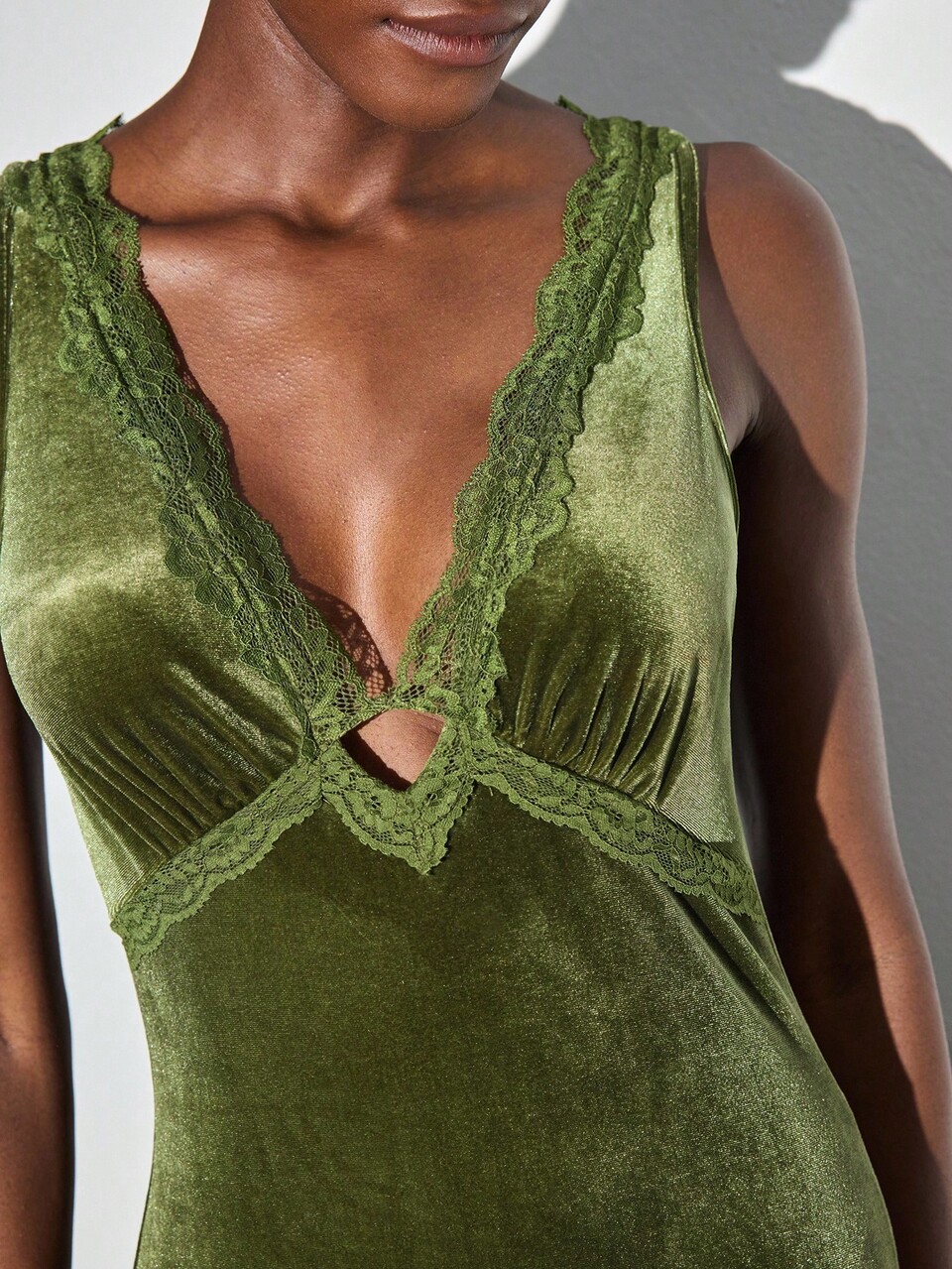 SHEIN Maija Elegant Olive Green Velvet Dress,Lace Patchwork Deep V-Neck Bodycon Summer Dining Party Dress,Old Money Style Wedding Guest Clothes For Women