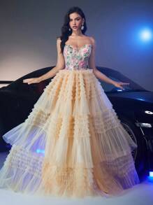 Glamrae Váy xẻ tà gợi cảm nhiều màu ren thêu sequins hoa xếp lớp xếp nếp viền lớn sang trọng thanh lịch, thích hợp cho đám cưới, tiệc tùng, vũ hội, kỳ nghỉ, tiệc tối (được trang trí nhiều) - Màu Khaki - Xem 7