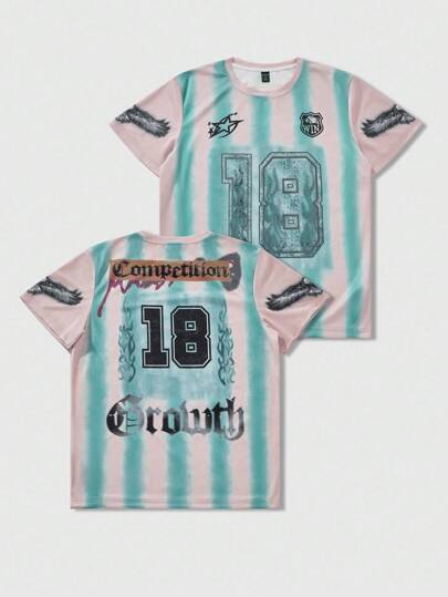 Prep T-shirt à manches courtes pour homme imprimé de rayures et de chiffres, convenant pour un usage quotidien, printemps/été