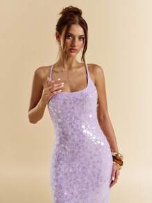 SHEIN BAE Summer Sexy Gorgeous Mint Green Sequins Boho Beach Vacationconcert Outfit Women Halter Neck Summer Dress,Summer Outfits For Women,Club Outfits Women Sexy,Sparkle Vacation Dress, Party Dress,Fall Wedding Guest Dress