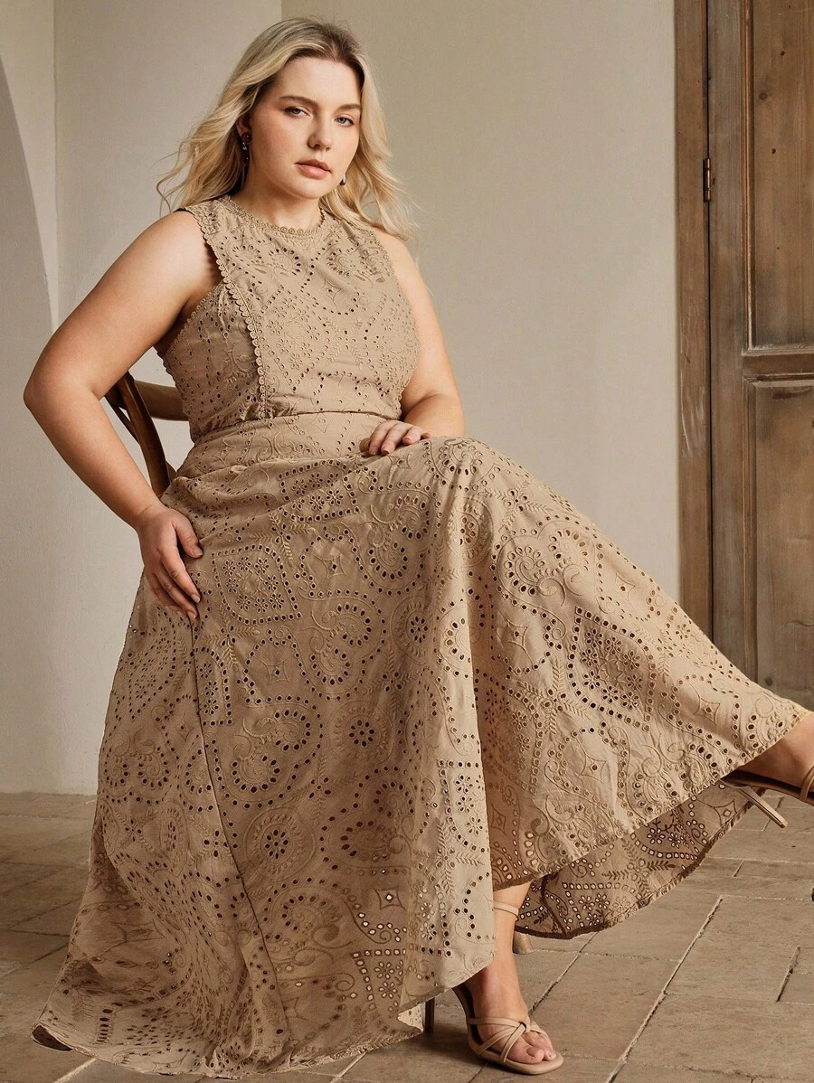 Anewsta 大码女式两件套优雅刺绣无袖上衣和裙子 - 卡其色 - 查看 1