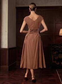 ZEYLAH 女士休闲优雅简约褶饰腰部连衣裙 - 咖啡棕 - 查看 3