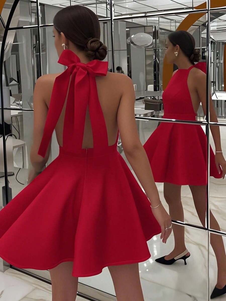 SHEIN Privé 女式夏季纯色挂脖荷叶边下摆迷你连衣裙