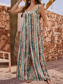 EMERY ROSE Plus Size Women Vacation Geometric Print Pocketed Wide Leg Jumpsuit,Fashionable For Summer,Vacation Outfits  For Women,Holiday Outfits Boho - Brown - View 4