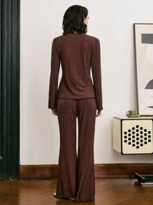 Moireta 简约休闲罗纹针织收腰 V 领喇叭袖女式睡衣套装 - 棕色 - 查看 2
