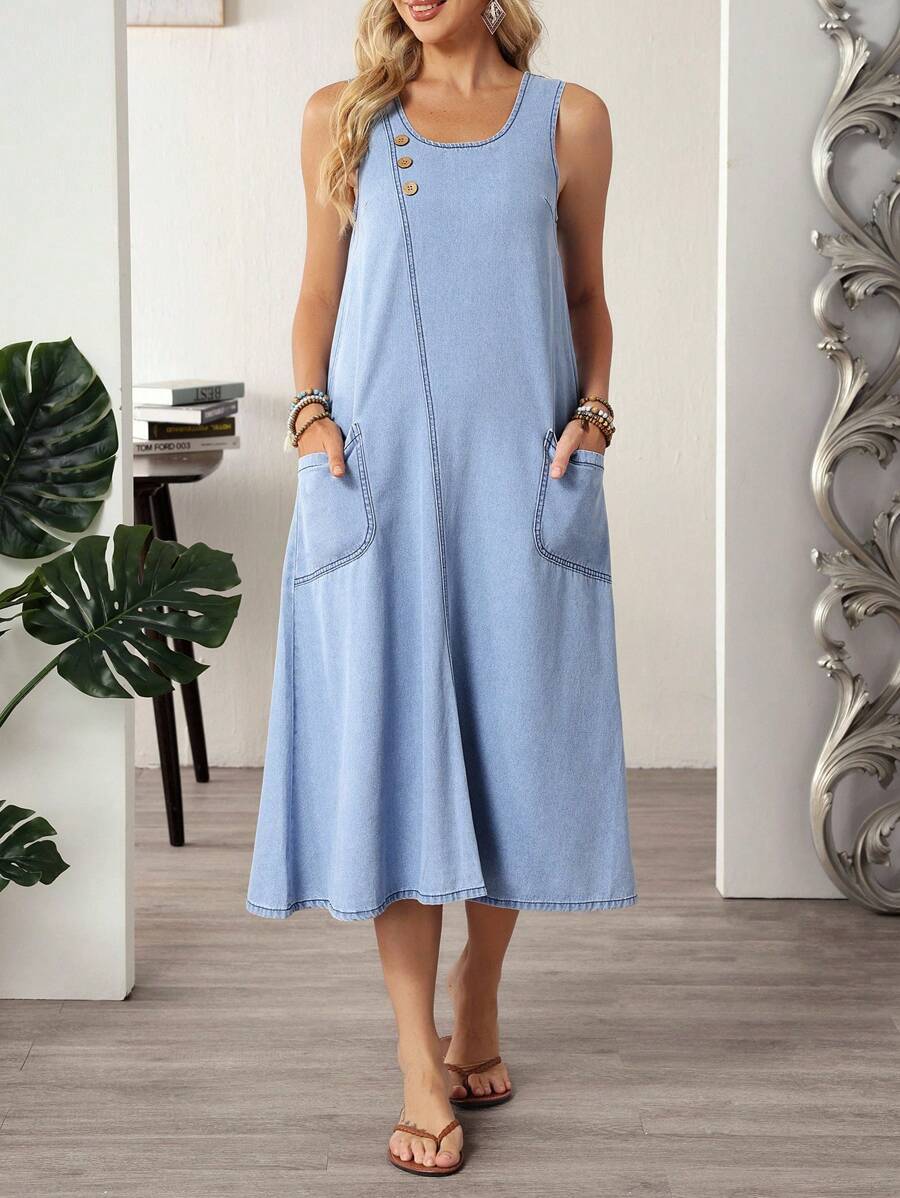 EMERY ROSE Vestido de mezclilla casual sin mangas con cuello redondo, diseño de botones y bolsillos para mujer