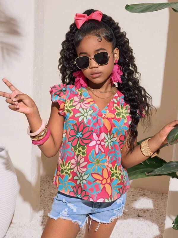 SHEIN Tween Girls Casual Floral V-Neck Cap Sleeve Blouse, Versatile For Spring/Summer Vacation