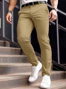 Manfinity Mode Men's Formal Business Casual Suit Pants,Boyfriend Gifts Men Khaki Pants Men Slim Fit Pants Beige Pants Men Men Stretchy Dress Pants Men Skinny Dress Pants - Khaki - View 1