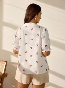EMERY ROSE Camisa de manga abullonada con estampado de cerezas de talla grande, estilo casual de verano con estampado aleatorio - Blanco - Ver 2