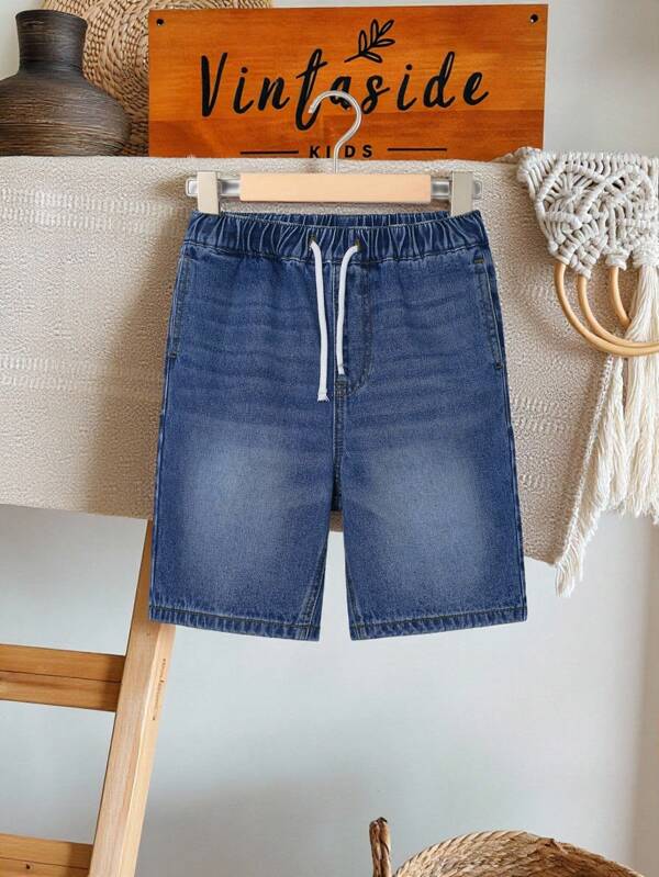 SHEIN Vintaside Kids Pantalones cortos vaqueros estilo casual de calle con cordón de ajuste en la cintura para niños preadolescentes, shorts de jeans versátiles y de ocio de moda
