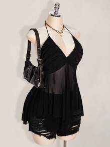 SHEIN ICON 大码女式交叉领不对称网眼拼接吊带背心