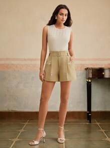 Anewsta Quần short thường ngày xếp ly thêu cạp cao ôm gọn vòng eo thon gọn cho nữ - Màu Khaki - Xem 3