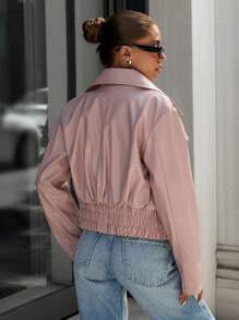 EURMUSE Faux Leather Jacket With Snap Button Front, Pink, Street Style - Pink - View 2