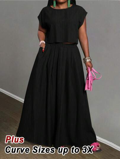 Slaydiva 2pcs 2025 New Summer Casual All-Match Beach Elegant Romantic Cropped Short Sleeve Top And Skirt Set For Plus Size Women Plus Size Two Pieces Skirt Set Plus Size Maxi Skirt Set Two Pieces Skirt Set Plus Size Women Plus Size Skirt Set Plus Size 2 Pieces Skirt Set