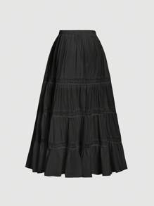 SHEIN MOD 杏色蕾丝拼接复古度假风半身裙波西米亚风田园度假半身裙春夏半身裙沙滩裙 - 黑色 - 查看 2