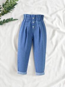 SHEIN Vintaside Kids Jeans skinny pour filles avec taille élastique évasée et poignets resserrés