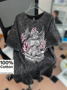 Flirla 大码休闲街头风格唇印圆领 T 恤，100% 纯棉 - 黑色 - 查看 1