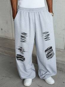 PAVTROS 男士宽松图案印花运动裤，街头风格图案运动裤超大号运动裤宽松灰色运动裤男士补丁运动裤灰色运动裤，宽松裤 - 淺灰色 - 查看 7