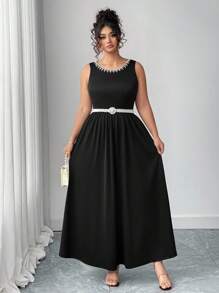 SHEIN Elenzya 大码女式黑色针织紧身珍珠边无袖优雅连衣裙，适合约会或派对 - 黑色 - 查看 5