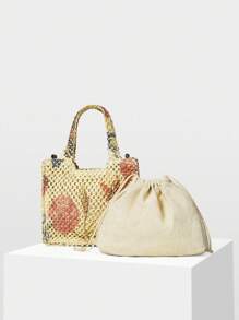 MOTF PREMIUM 花卉图案编织托特包 - 米色 - 查看 6