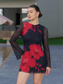 Andrea Bello Damen Floral Muster Kleid mit offenem Rücken und ausgestellten Ärmeln, Kurzes Kleid mit Blume Muster, Kleid mit ausgestellten Ärmeln, Elegant/Pendler/Urlaub/Date/Sexy/Party