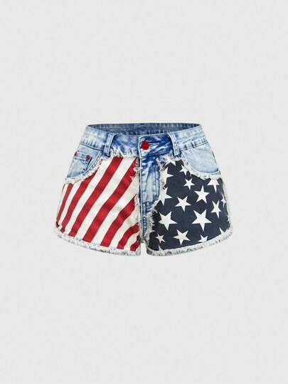 ROMWE Avant شورت جينز مطبوع عليه علم أمريكا القديم ذو تصميم بري
